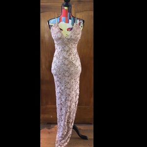 Rose gold sparkling lace long dress w thigh slit